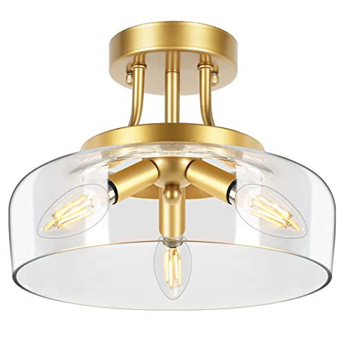 3-Light Gold Semi Flush Mount Ceiling Light Fixture, Modern Drum Glass Shade Ceiling Lamp for Living Room, Kitchen, Bedroom, Hallway, Bathroom, Laundry - E12 Socket, No Bulbs | Amazon (US)