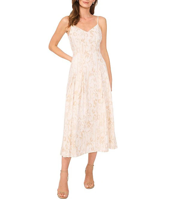 Printed V-Neck Sleeveless A Line Midi Dress | Dillard's