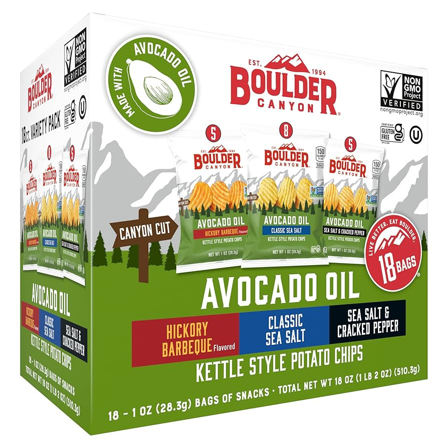 Boulder Canyon Avocado Oil Kettle Style Potato Chips Variety Pack, 18 Count - Gluten-Free, Non-GM... | Amazon (US)