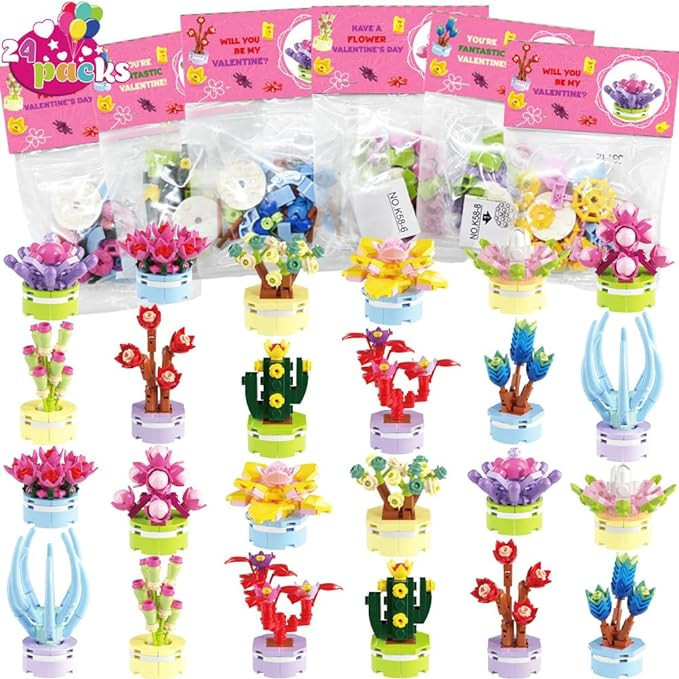 WODMAZ Valentines Day Cards with Succulents Building Blocks, 24 Packs Succulents Flower Toys Vale... | Amazon (US)