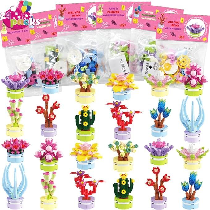 WODMAZ Valentines Day Cards with Succulents Building Blocks, 24 Packs Succulents Flower Toys Vale... | Amazon (US)