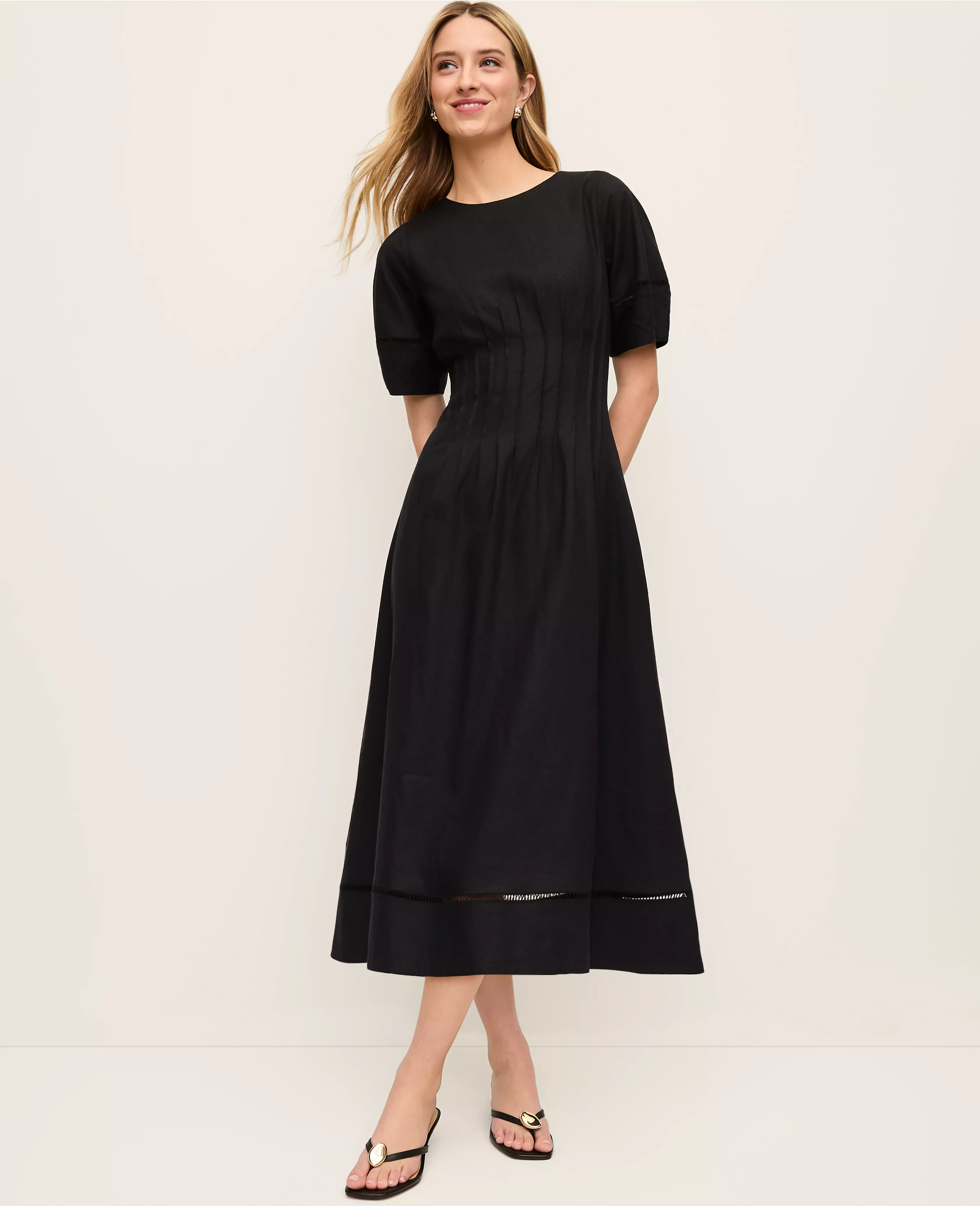 Pintuck Linen Blend Midi Dress | Ann Taylor