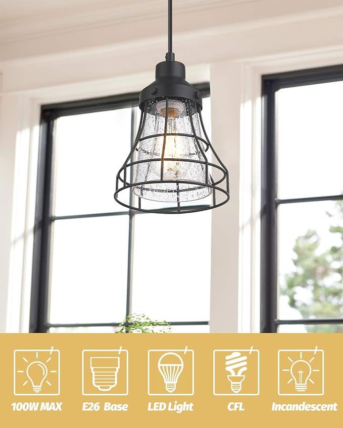 VICNIE 1-Light Mini Pendant Light, Farmhouse Hanging Light Fixture with Adjustable Cords, Seeded ... | Amazon (US)