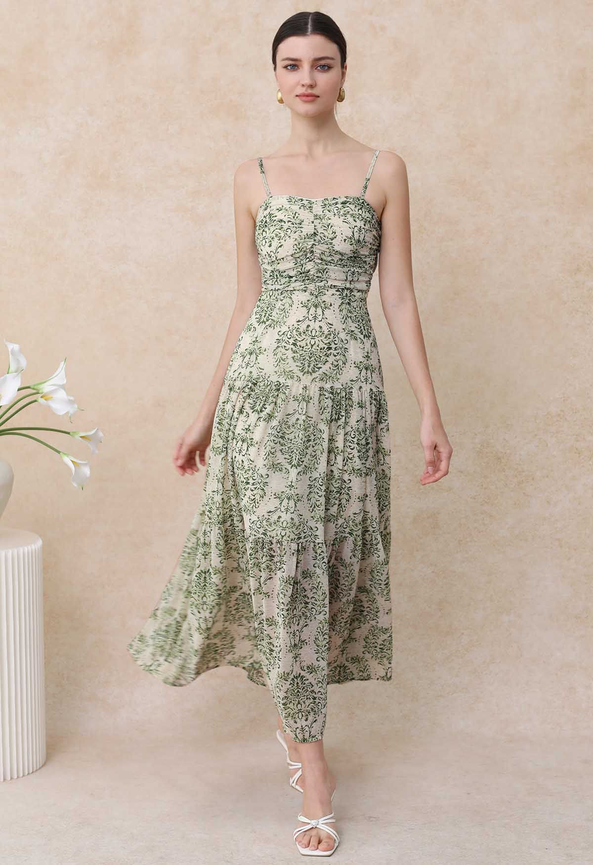 Green Damask Printed Tie-Back Cami Dress | Chicwish