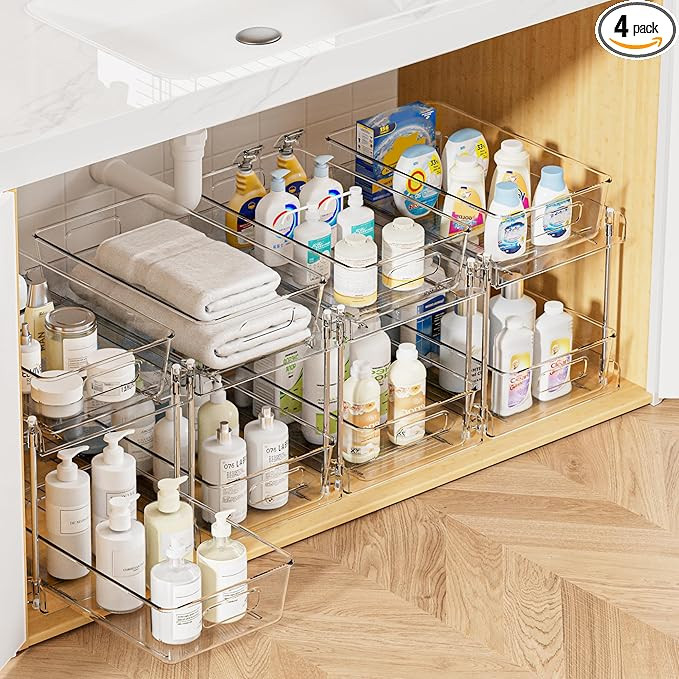 Vtopmart 4 Pack Bathroom Organizer, 2 Tier Clear Under Sink Organizers Vanity Countertop Storage ... | Amazon (US)