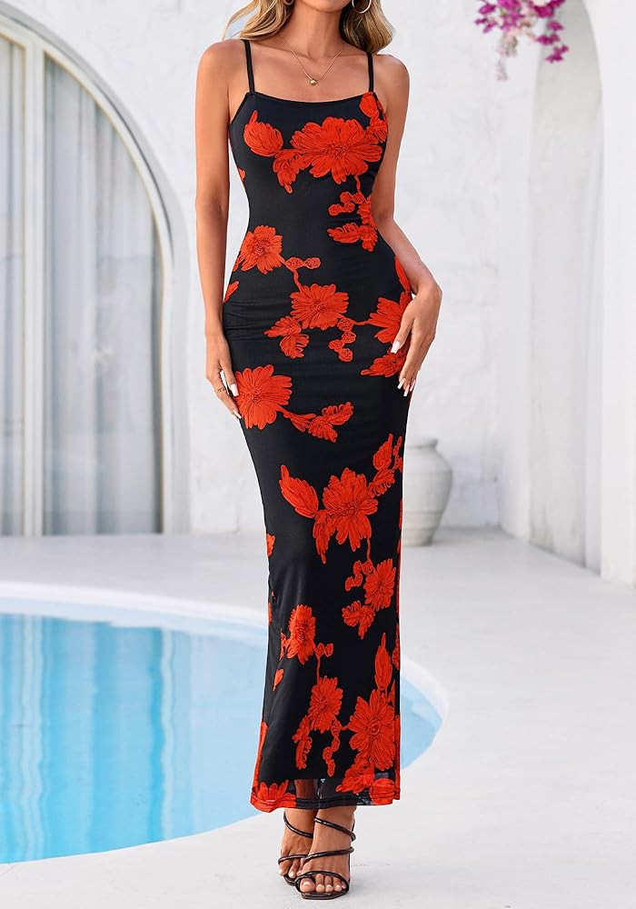 BTFBM Womens Maxi Dress 2026 Spring Floral Sexy Spaghetti Straps Sleeveless Bodycon Summer Beach ... | Amazon (US)