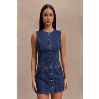 Jane Button Down Denim Mini Dress - Dark Blue | MESHKI US