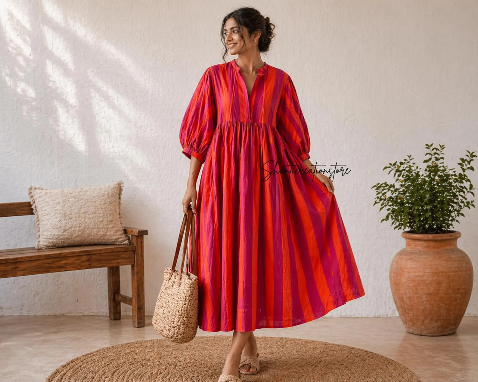 Pink Orange Stripe Cotton Midi Dress, Boho Puff Sleeve Summer Dress | Etsy (Global)