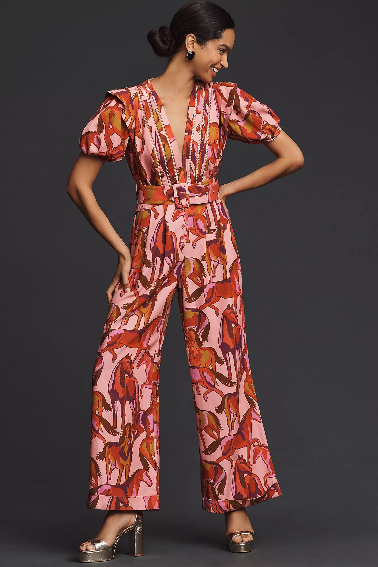 Farm Rio Wild Horses Short-Sleeve Pleated Jumpsuit | Anthropologie (US)