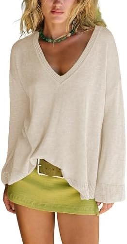 Dqbeng Womens V Neck Oversized Sweater Lightweight Long Sleeve Drop Shoulder Casual Loose Ribbed ... | Amazon (US)