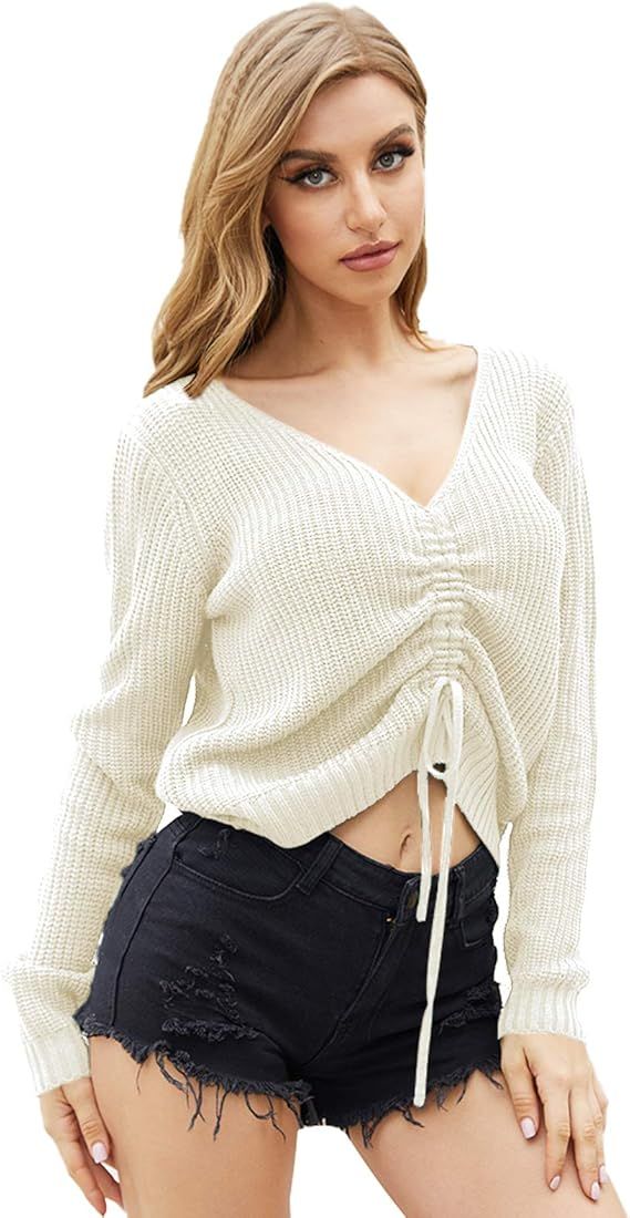 QUALFORT Women’s Cropped Sweater Casual Drawstring V Neck Sexy Tops | Amazon (US)