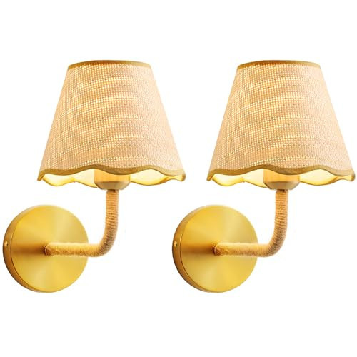 PENACINY Boho Set of Two Hand Woven Ratten Wall Sconce, Hardwired Wall Sconces with Grass-Woven Lampshade for Bedroom Living Room Hallway Porch, E26 Base | Amazon (US)