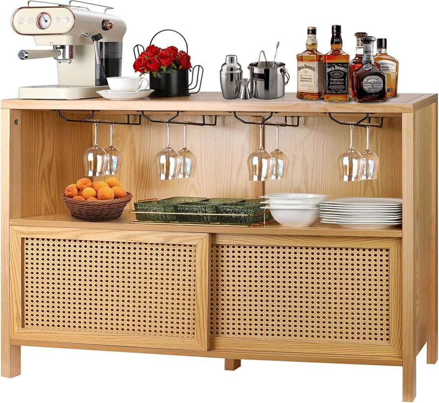 ZYBT Coffee Bar Cabinet with Storage, Liquor Cabinet Bar for Home Bar, Boho Wine Cabinet, Rattan ... | Amazon (US)