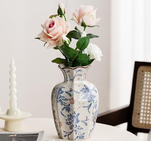 Blue and White Vase, Vintage Blue Ceramic Flower Vessel,Ceramic vases for Home Decor,Vintage Green and Beige for Console Table Mantle Chinoiserie Decor (Blue and White-02, Large) | Amazon (US)