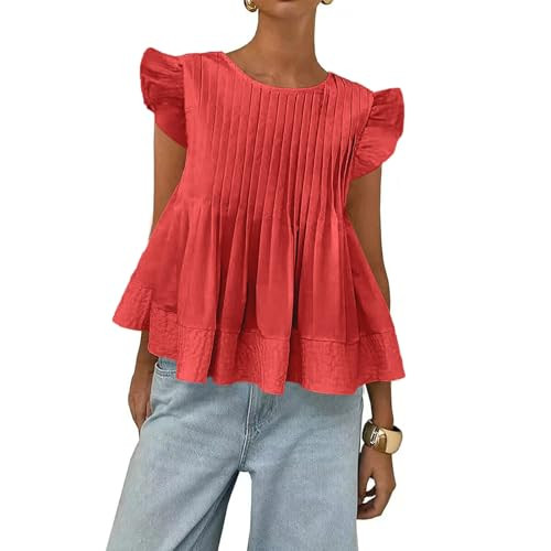 Womens Summer Tops Babydoll Peplum Blouses Casual Ruffle Sleeve Round Neck Pleated A Line Shirts ... | Amazon (US)