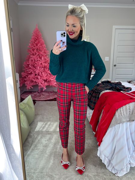Red plaid pants / holiday outfit / holiday style / christmas outfit / plaid trousers / red bow flats / hair bow / girly holiday style 
Size: XS sweater, 00 petite pants, 6.5 flats (runs big) 

#LTKCyberWeek #LTKHoliday #LTKSeasonal