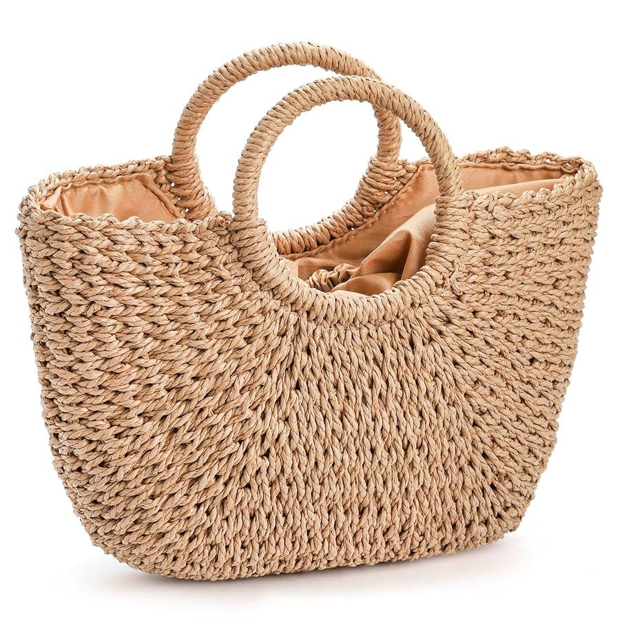 Women Straw Bag, Large Hand-woven Summer Beach Handbag, Handmade Straw Tote Bag, Casual Top-handl... | Amazon (US)