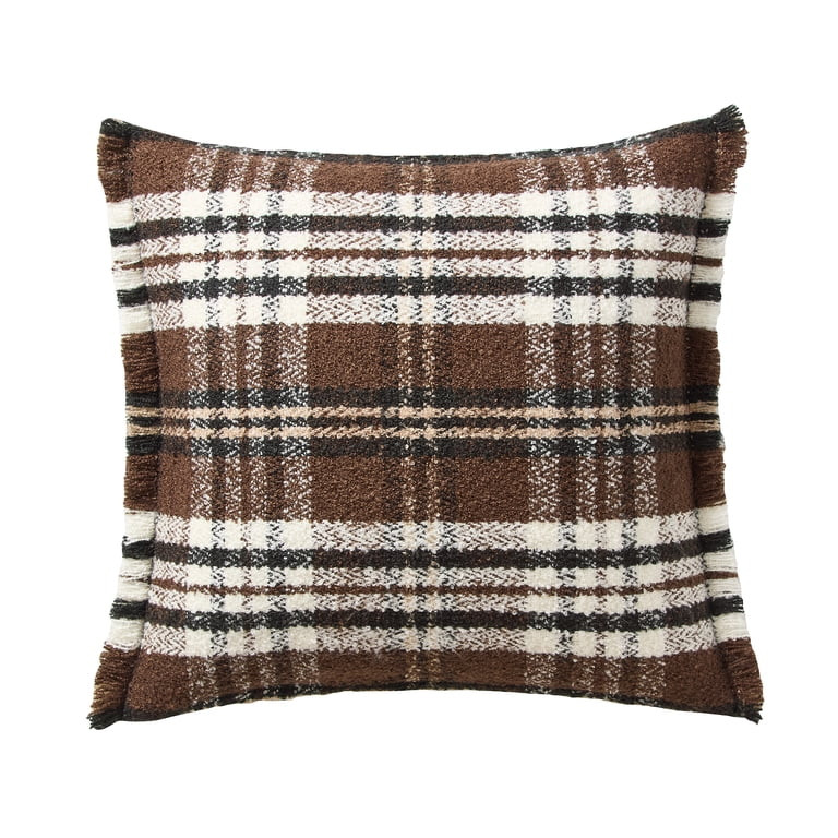 My Texas House 20" x 20" Brown Woven Plaid Fringe Decorative Pillow Cover | Walmart (US)