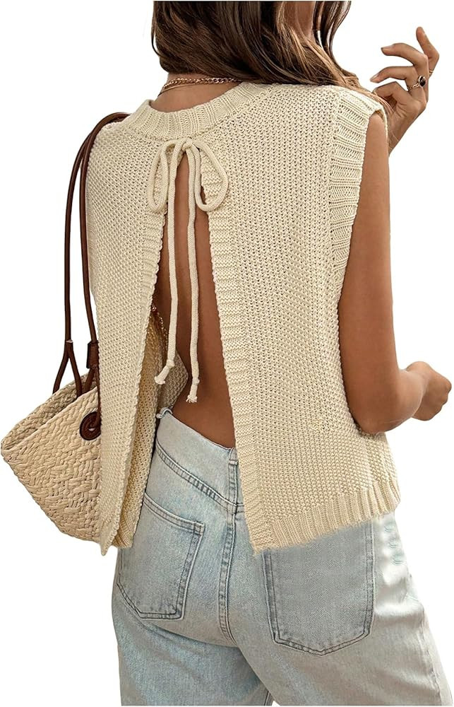 GORGLITTER Women's Cropped Backless Crochet Vest Open Back Tie Sweater Tank Tops | Amazon (US)