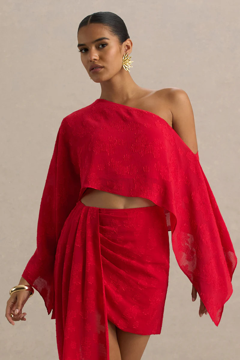 Aruba  Red Satin Devore Asymmetric Long-Sleeve Crop Top | Club L London