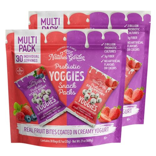 Nature's Garden Probiotic Variety Pack Yoggies 21oz (30 x 0.7oz) Pack of 2 (Strawberry Yoggies 15x0.7 oz +Mixed Berry Yoggies 15x0.7 oz) Yogurt Covered Fruit Snacks, High Fiber, Real Fruit Pieces, Office Snack Variety Packs For Adults, Gluten Free | Amazon (US)