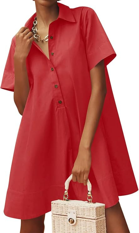 Wenrine Womens Oversized Shirt Button Mini Dress Short Sleeve Casual Collared V Neck Summer Flowy... | Amazon (US)