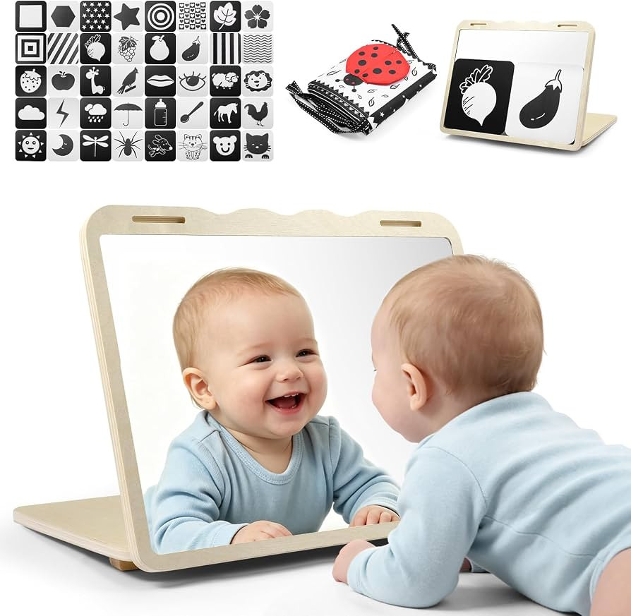 Tummy Time Toys with Real Mirror, Visual Stimulation Learning Cards and Soft High Contrast Black ... | Amazon (US)