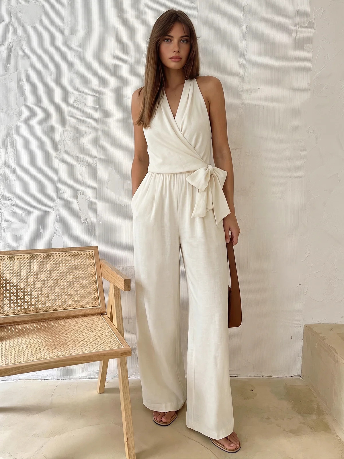 Halter Neck Tie Waist Wide Leg Jumpsuit | Commense