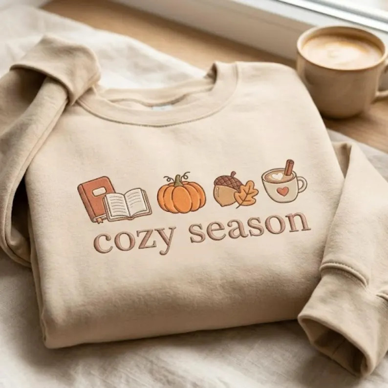 Cozy Season Sweatshirt, Embroidered Fall Crewneck, Pumpkin Books Autumn Shirt, Coffee Cozy Sweate... | Etsy (Global)