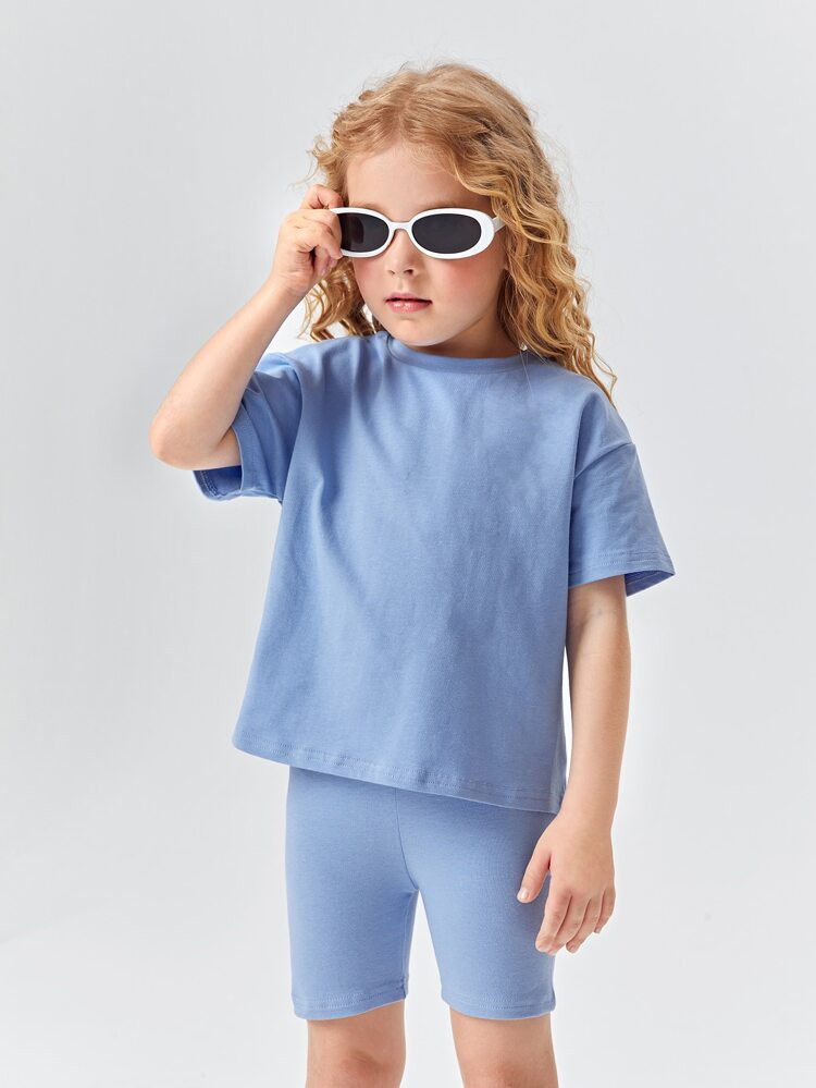 SHEIN BASICS Toddler Girls Drop Shoulder Top & Biker Shorts Set | SHEIN
