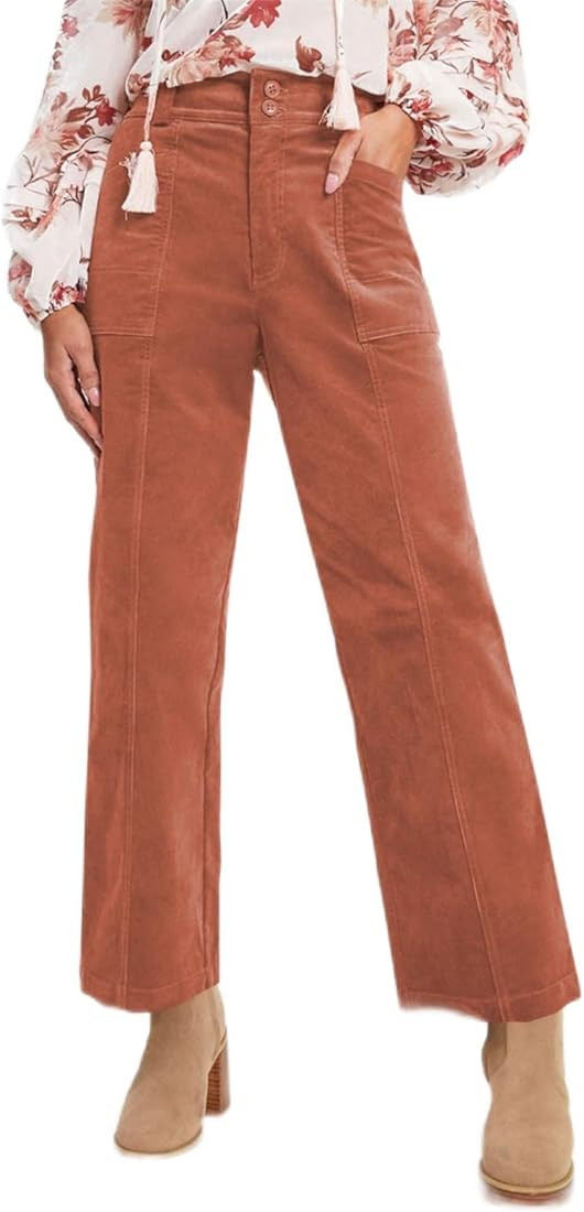 Women Casual Fall Straight Leg Elastic Waist Corduroy Pants with Pockets, S-XXL | Amazon (US)