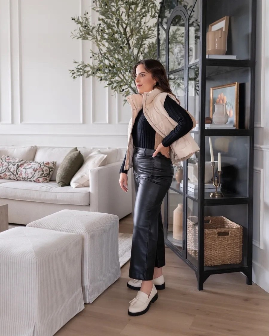 An easy fall outfit you can copy: faux leather pants, a ribbed sweater, puffer vest, and chunky loafers.

autumn attire, cozy chic outfit, affordable fashion, wardrobe refresh, fall styling, petite fashion

#LTKootd #LTKSeasonal #LTKPetite