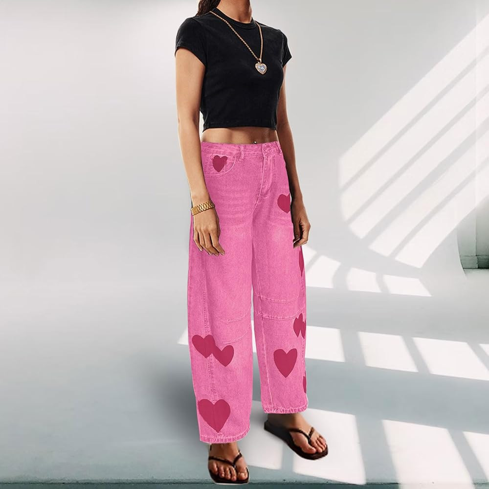 Barrel Jeans for Women Mid Rise Heart Printed Denim Ankle Pants Vintage Baggy Boyfriend Jeans | Amazon (US)
