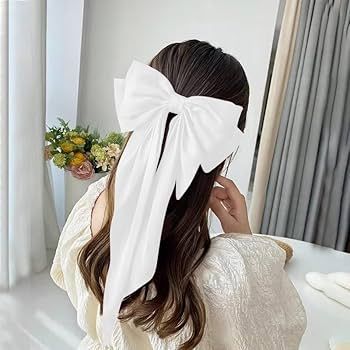Large Hair Bow Clips for Women Girls Silky Satin Hair Barrettes with Long Ribbon Tail White Hair ... | Amazon (US)