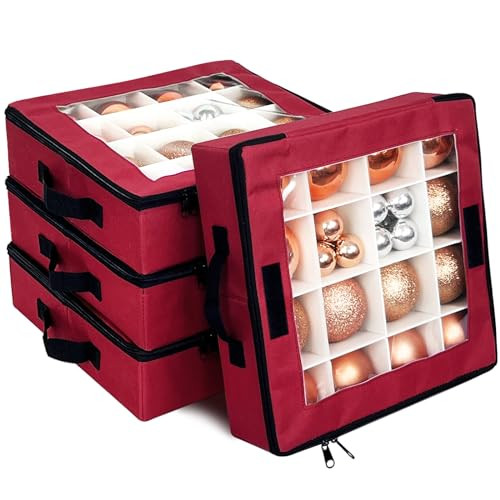 VERONLY Christmas Ornaments Storage Box with Dividers - 4 Pcs Collapsible Xmas Decorations Ball Organizer with 2 Handles, Lids and Stackable for Holiday (Red) | Amazon (US)