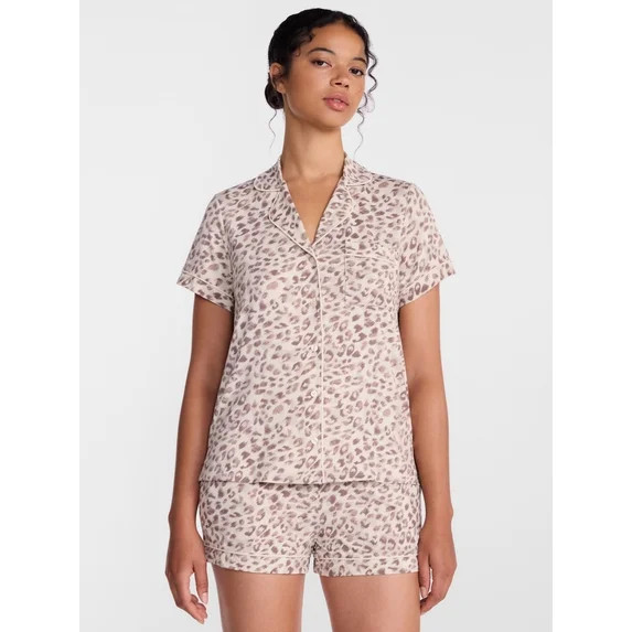 Joyspun Women’s Dreamy Soft Collection Notch Collar Knit Top and Boxer Shorts, 2-Piece Pajama S... | Walmart (US)