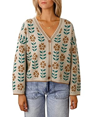 Saodimallsu Womens Floral Print V Neck Cardigan Open Front Button Down Knit Sweater Long Sleeve L... | Amazon (US)