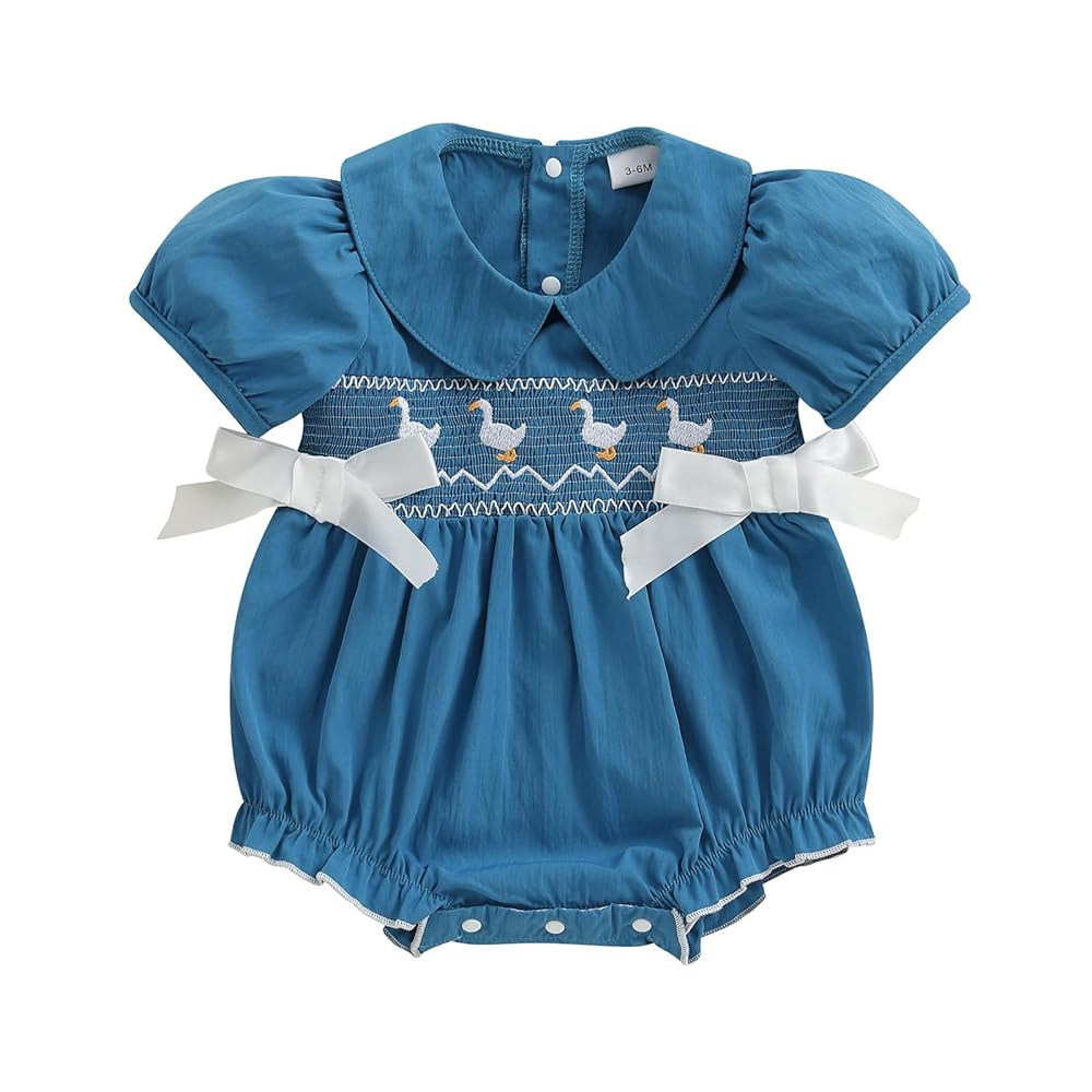 Newborn Baby Girl Romper Farm Outfit Goose Embroidery Short Sleeve Onesie Smocked Jumpsuit Countr... | Amazon (US)