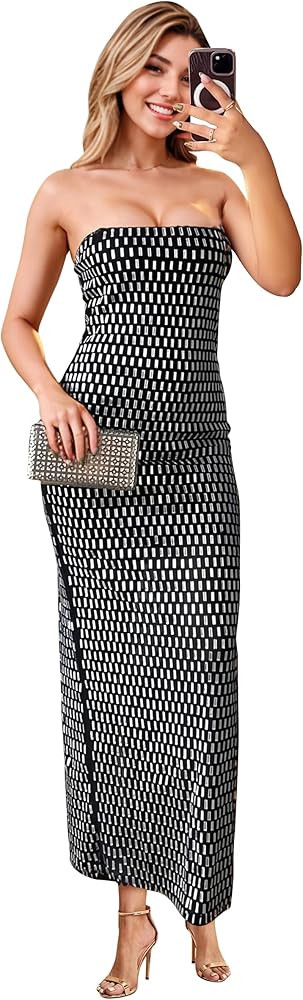 Strapless Rhinestone Maxi Dresses Evening Gowns for Women Formal Sexy | Amazon (US)