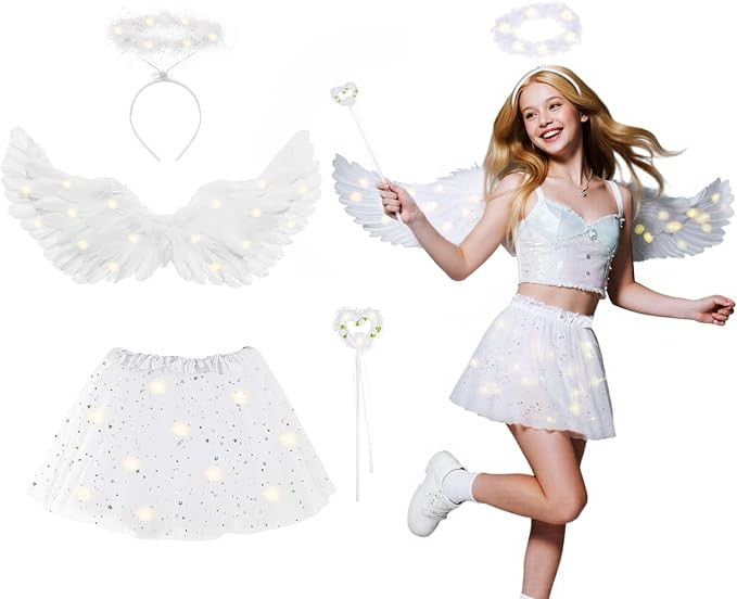 4pcs LED Angel Costume for Girls Teenger Adults Halloween Angel Wings Hola Wand Tutu Skirt Party ... | Amazon (US)