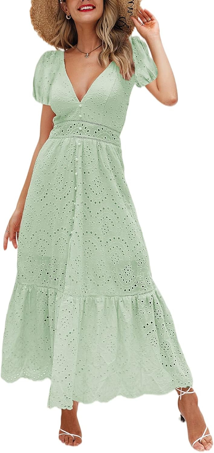 BerryGo Women's Embroidery Pearl Button Down Dress V Neck Spaghetti Strap Maxi Dress | Amazon (US)