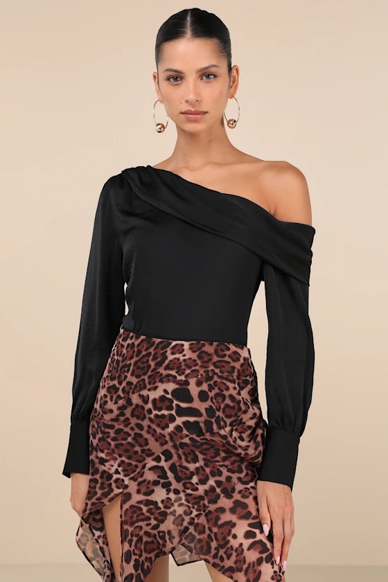 Classy Mood Black Satin One-Shoulder Long Sleeve Top | Lulus