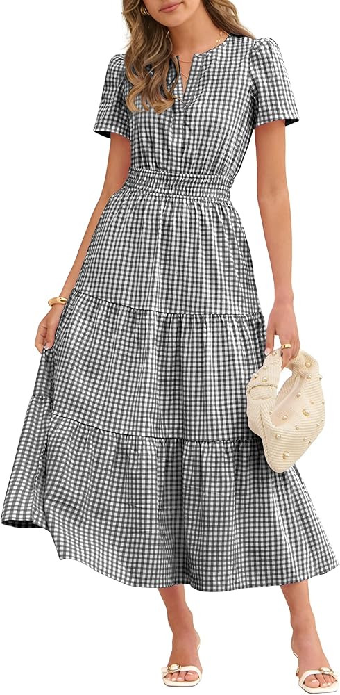 Caracilia Womens Summer Maxi Dresses 2026 Spring Casual V Neck Short Sleeve Gingham Flowy A-Line ... | Amazon (US)