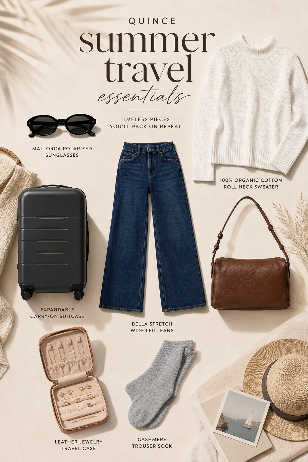 The quiet luxury summer travel essentials I’ll be packing on repeat from @Quince . ✨

If you’re building a timeless travel capsule wardrobe, these are the elevated essentials worth investing in. Think a classic white roll neck sweater, flattering dark wash wide leg jeans, chic oval sunglasses, an understated leather handbag, a sleek carry on suitcase, a leather jewelry travel case, cozy cashmere socks for cool evenings, and a beautiful vanilla candle to make every destination feel like home.

These versatile pieces create effortless outfits inspired by Carolyn Bessette Kennedy’s timeless style and make packing for summer travel simple, polished, and endlessly wearable.

 #Quince #QuincePartner