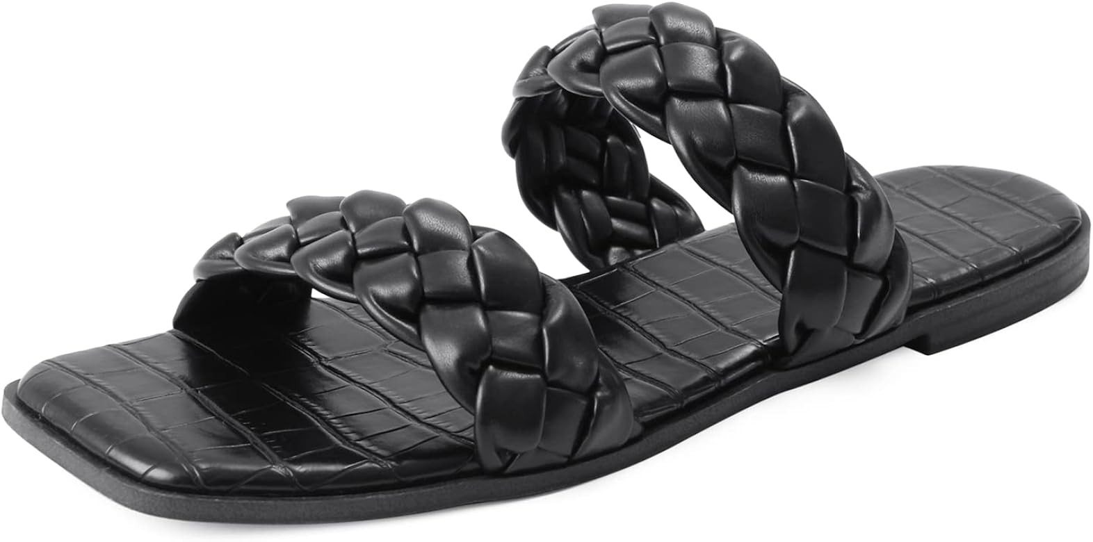LACUONE Braided Flat Slide Sandals for Women Slip On Square Open Toe Woven Strap Sandals | Amazon (US)