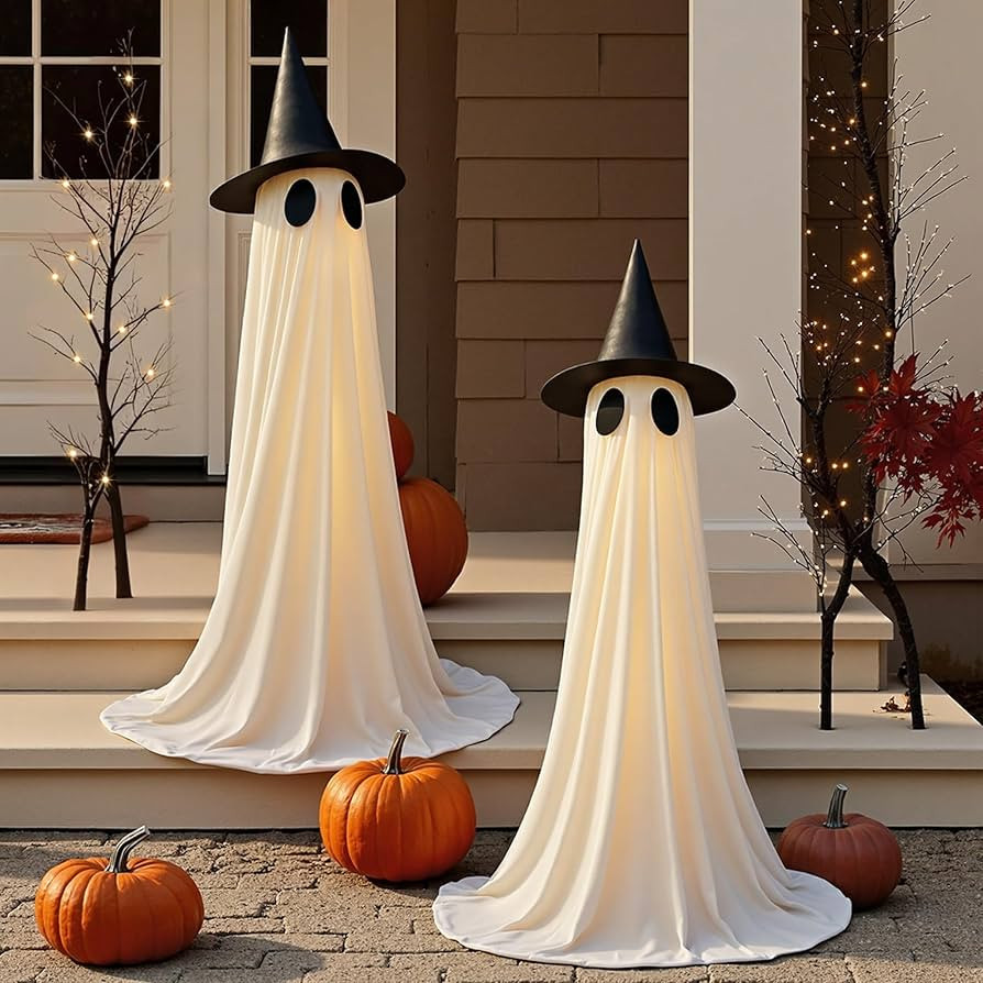 2 Packs Halloween Decorations Outdoor, 5Ft Wind-Resistant Ghost Decor with USB String Lights, Sca... | Amazon (US)