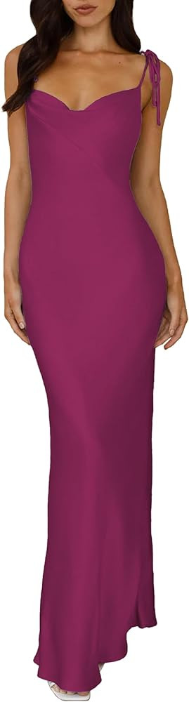 2026 Satin Cowl Neck Spaghetti Strap Slip Maxi Dress for Women Tie Strap Formal Wedding Guest Dre... | Amazon (US)