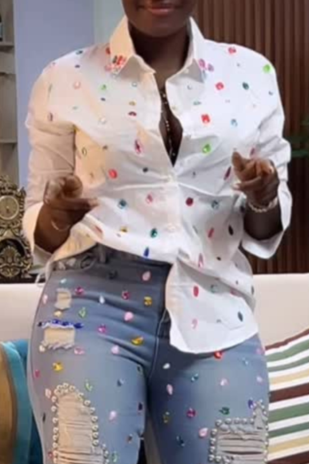 Plus Size Party White Shirt Collar Long Sleeve Drilling Casual Blouses | Xpluswear