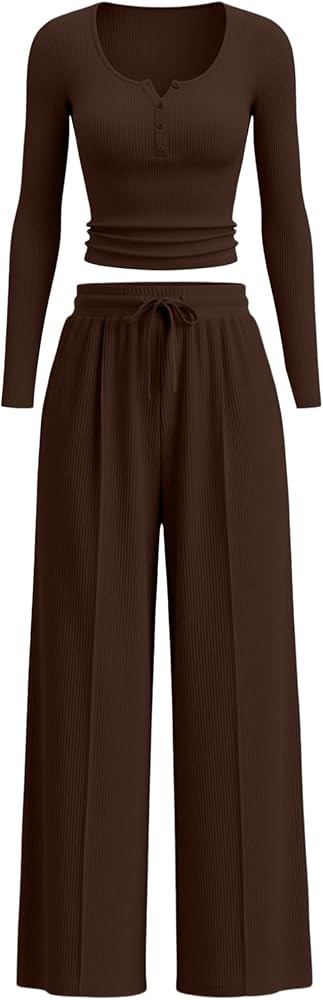 Women's 2 Piece Lounge Set 2025 Fall Travel Outfits Knit Long Sleeve Top Henley Shirt Wide Leg Pa... | Amazon (US)