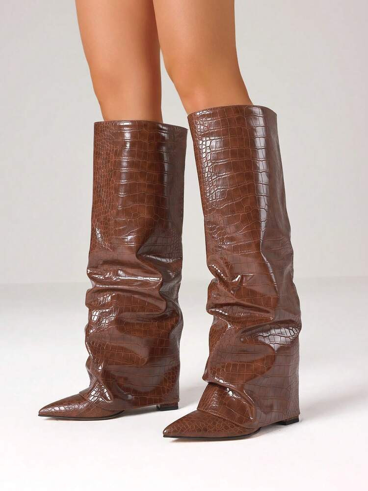 Women's Ruched Slouchy Fold Over Knee High Shark Boots Fashion Chunky High Heels Pointed Toe Pull... | SHEIN